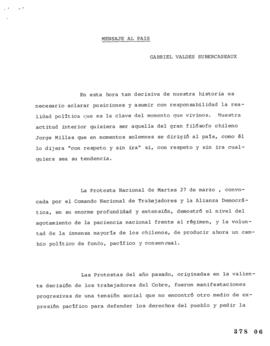 Mensaje al país. Discurso de Gabriel Valdés