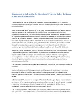 Resumen de la Indicación del Ejecutivo al Proyecto de Ley de Nueva Institucionalidad Cultural. Ar...