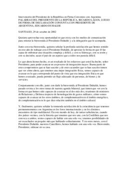 Palabras Del Presidente De La República, Ricardo Lagos, Luego De Firma De Declaración Conjunta Co...