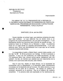 Palabras de S.E. el Presidente de la República, D. Ricardo Lagos Escobar, en Ceremonia de Puesta ...