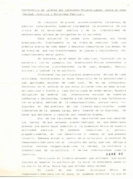 Conferencia de Prensa del candidato Ricardo Lagos sobre el tema Verdad Justicia y Moralidad Pública