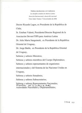 Discurso introductorio a Conferencia de Naciones Unidas en Uruguay