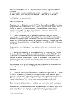 Declaraciones de S.E el Presidente de la República, Ricardo Lagos, ante acusaciones de presión a ...