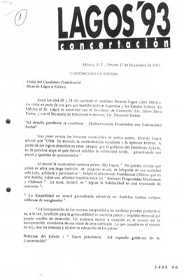 Comunicado de Prensa relativo a Visita de Ricardo Lagos a México
