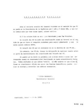 Declaración Pública. Permanencia en Poder de Agusto Pinochet