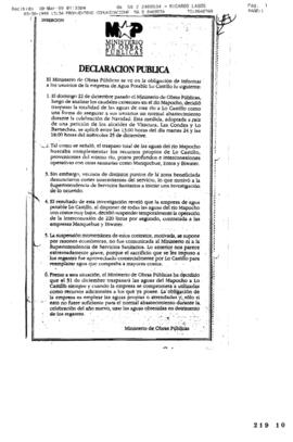 Declaración Pública de Ministerio de Obras Públicas relativa a la Suspensión de Suministro por pa...