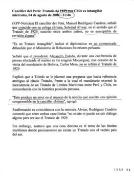 Canciller del Perú: Tratado de 1929 con Chile es intangible. Artículo de prensa