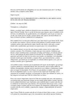 Discurso del Presidente de la República, Ricardo Lagos, en el Día de los Trabajadores