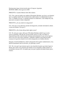Declaraciones luego de intervención ante el Congreso Argentino