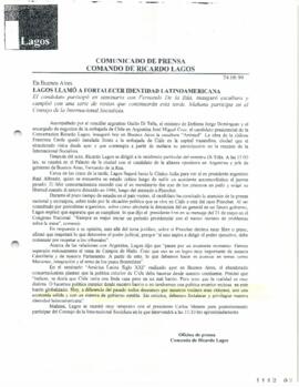 Lagos llamó a fortalecer identidad latinoamericana. En Buenos Aires. Comunicado de Prensa