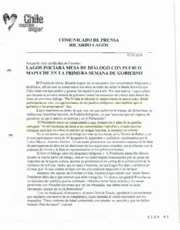 Lagos iniciará dialogo con pueblo Mapuche en la primera semana de gobierno. Comunicado de prensa