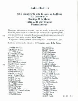 Invitación a la Inauguración de Sede de Ricardo Lagos en La Reina