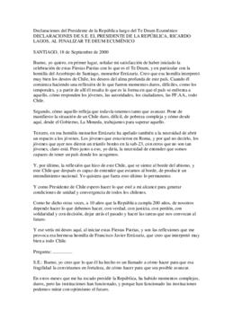 Declaraciones de S.E. el Presidente de la República, Ricardo Lagos, al finalizar de Te Deum Ecumé...