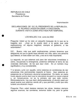 Declaraciones de S.E. el Presidente de la República, Ricardo Lagos Escobar, a Chilevisión, durant...