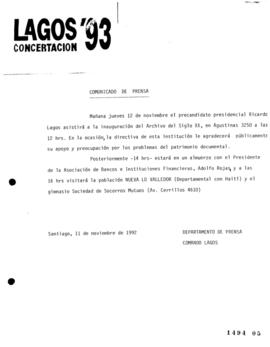 Comunicado de Prensa relativo a Asistencia de Ricardo Lagos a Inauguración de Archivo Siglo XX