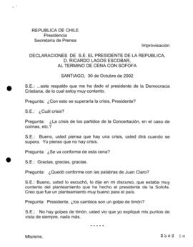 Declaración de S.E. el Presidente de la República, d. Ricardo Lagos Escobar, al Término de Cena c...