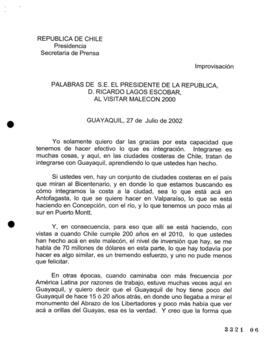 Palabras de S.E. el Presidente de la República, D.Ricardo Lagos, al Visitar Malecon 2000 Ecuador