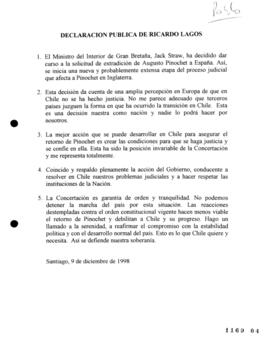 Declaración Pública de Ricardo Lagos relativa a Extradición de Augusto Pinochet a Chile