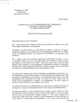 Entrevista a S.E. el Presidente de la República, Ricardo Lagos Escobar, en Radio Agricultura