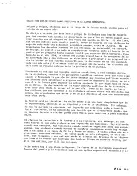 Saludo para 1985 de Ricardo Lagos, Presidente de La Alianza Democrática