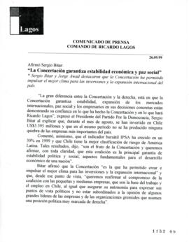 La Concertación garantiza estabilidad econópmica y paz social. Afirmó Sergio Bitar. Comunicado de...