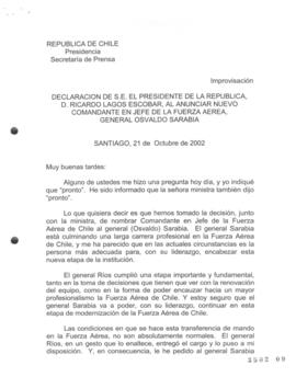 Declaración de S.E. el Presidente de la República, D. Ricardo Lagos Escobar, al Anunciar Nuevo Co...
