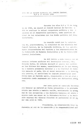 Acta de Sesión Plenaria de Comité Central, 8, 9 y 11 de agosto 1986, relativa a Análisis Coyuntur...