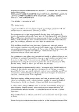 Declaración del Presidente de la República, Ricardo Lagos, al anunciar nuevo Comandante en Jefe d...