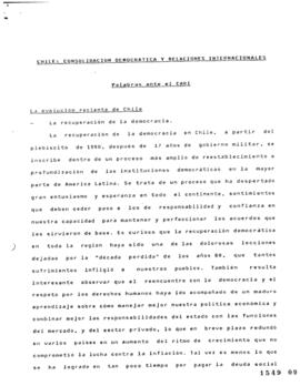 Chile: consolidación democrática y relaciones internacionales. Palabras ante el CARI.