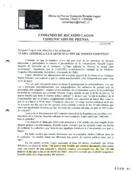 Comando de Ricardo Lagos Comunicado de Prensa relativo a Declaración acerca de Elecciones Primari...