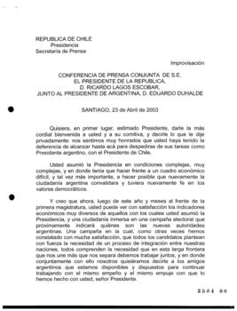 Conferencia de Prensa Conjunta de SE el Presidente de la República, d Ricardo Lagos Escobar, junt...