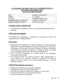 Actividades de prensa del Presidente de la República. Inauguración Expomin