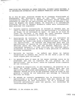 Precisión del Ministro de Obras Públicas, Ricardo Lagos E., a la información difundida por el sen...