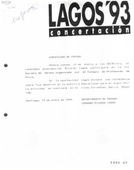 Comunicado de Prensa relativo a Participación de Ricardo Lagos en VII Escuela de Verano de Colegi...