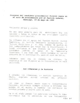 Discurso del Candidato Presidencial Ricardo Lagos en Acto de Proclamación por el Partido Liberal