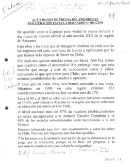 Actividades de prensa del Presidente de la República. Inauguración Escuela Bernardo O¦Higgins