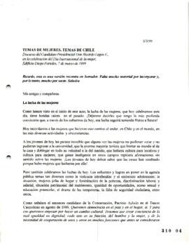 Temas de mujeres, temas de Chile. Discurso del candidato presidencial Ricardo Lagos E., en la cel...