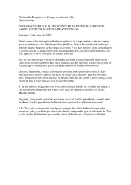 Declaración de S.E. el Presidente de la República, Ricardo Lagos, respecto a compra de Aviones F-16