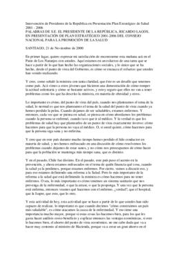 Intervención de Presidente de la República en Presentación Plan Estratégico de Salud 2001 - 2006