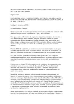 Discurso del Presidente de la República en Seminario sobre Globalización organizado por CEPAL y e...