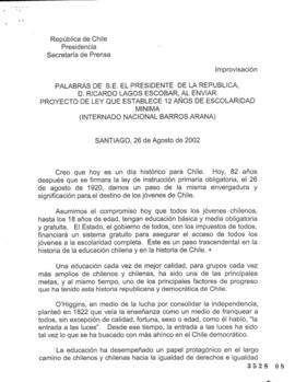 Palabras de S.E. el Presidente de la República, D. Ricardo Lagos Escobar, al enviar Proyecto de L...