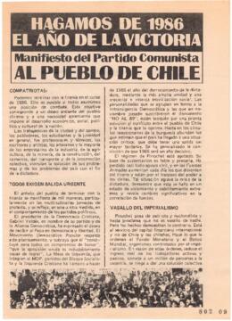 Manifiesto de Partido Comunista al Pueblo de Chile. Hagamos de 1986 el año de la victoria