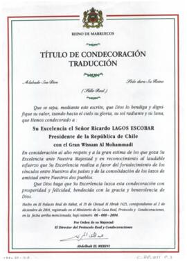 Traducción del diploma otorgado por el Rey de Marruecos al Presidente Ricardo Lagos, mediante el ...