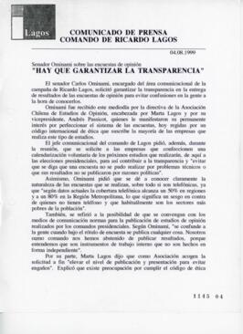 Hay que garantizar la transparencia. Senador Ominami sobre las encuestas de opinión. Comunicado d...