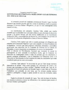 Estudiantes de enseñanza media deben estar eximidos del servicio militar. Comunicado de Prensa