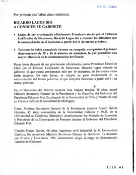 Ricardo Lagos dio a conocer su gabinete. Por primera vez habrá cinco ministras. Comunicado de Prensa