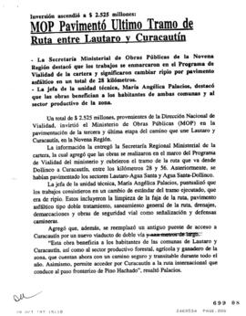 MOP pavimento último tramo de ruta entre Lautaro y Curacautín