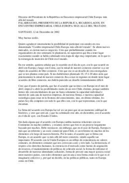 Palabras del Presidente de la República, Ricardo Lagos, en Encuentro empresarial Chile Europa: má...