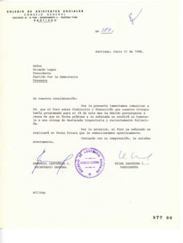 Carta dirigida a Presidente Partido Por la Democracia enviada por Colegio de Asistentes Sociales