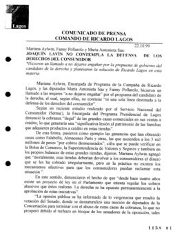 Joaquín Lavín no contempla la defensa de los derechos del consumidor. Comunicado de prensa